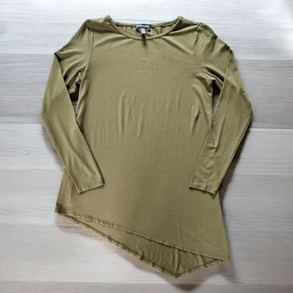 Eileen Fisher Soft Fine Jersey Asymmetric Hem Top XS Green Tunic Lagenlook - Picture 1 of 8